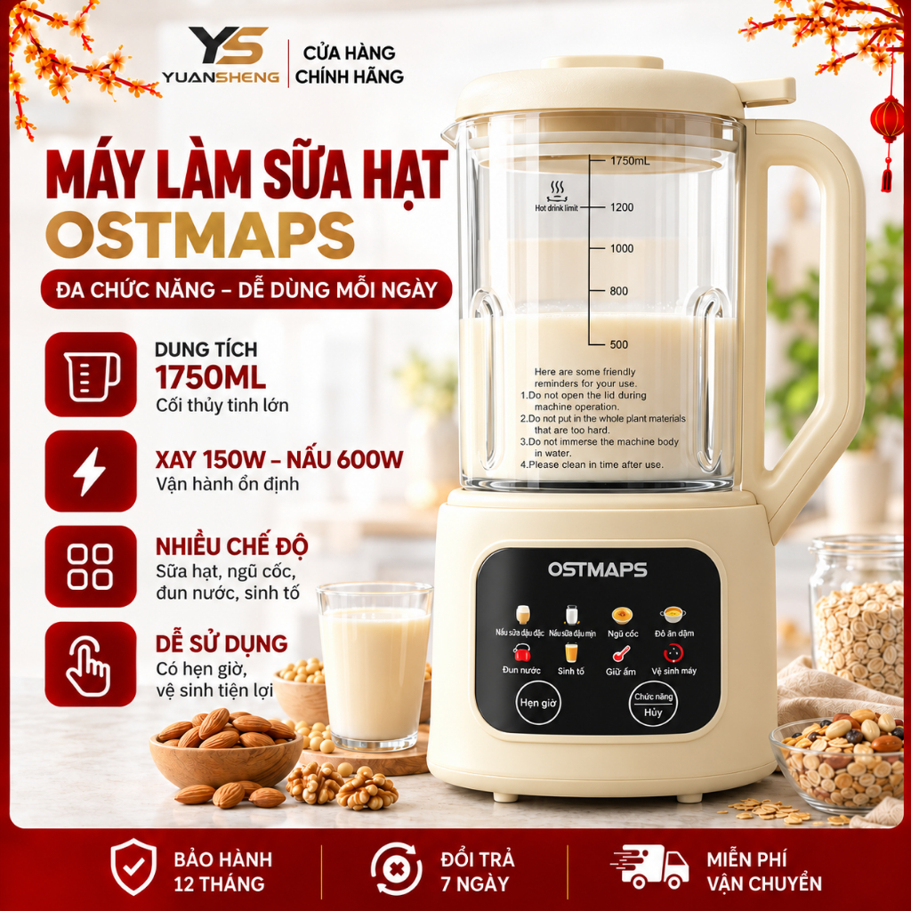 Máy Làm Sữa Hạt OSTMAPS Đa Năng 8 Chế Độ 1.75L Giữ Ấm Thông Minh, Xay Sinh Tố, Làm Sữa Đậu Nành