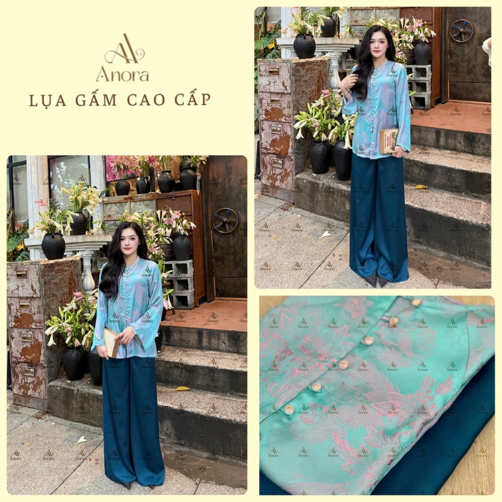 Set đồ pháp phục, đồ lam màu xanh ngọc gấm cao cấp, sang chảnh dáng suông rộng đi lễ, đi chơi - ANOR