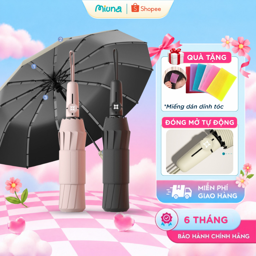 Dù Ô Che Mưa Gấp Gọn Miuna 348 nan thép Chống lật x20 lần, Chống UV UFS50+, Tự…