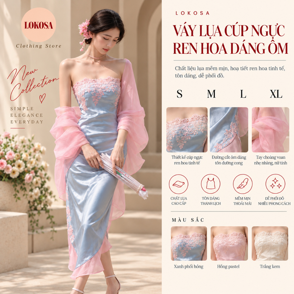 Váy Lụa Cúp Ngực Ren Hoa Dáng Ôm Midi Sang Trọng Dự Tiệc Tiểu Thư Hàn Quốc LOKOSA(REN THAY ĐỔI) VD005