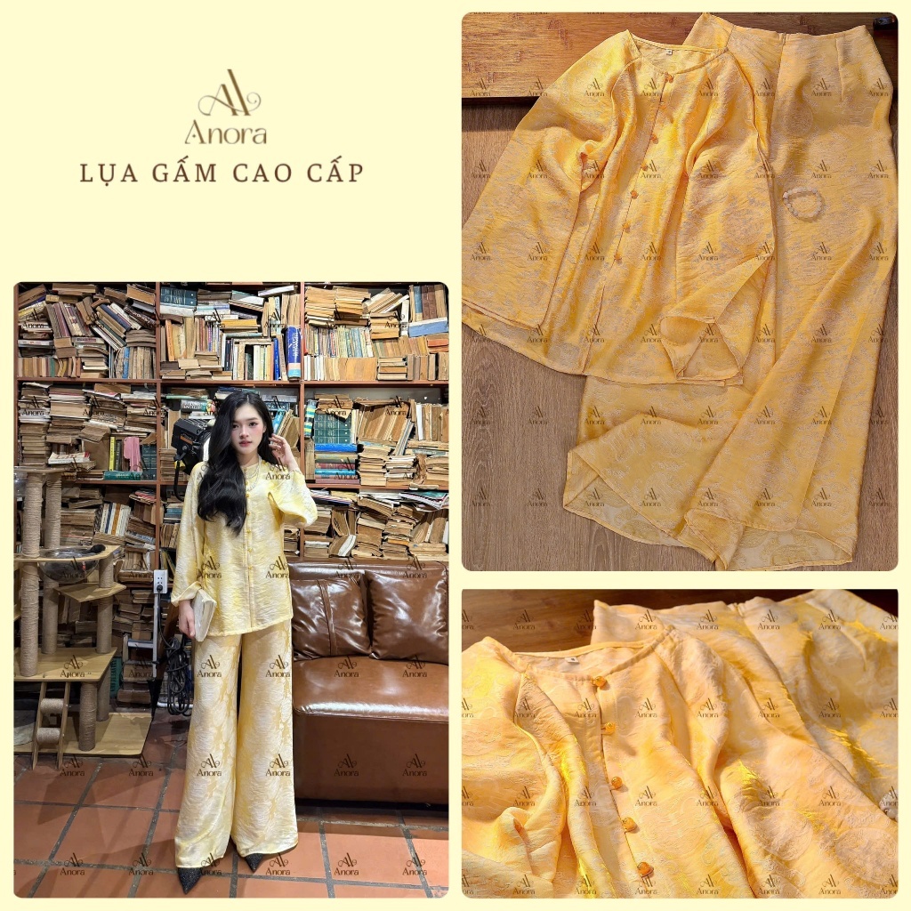 Set đồ pháp phục, đồ lam màu vàng tơ lụa ánh kim cao cấp, sang chảnh dáng suông rộng đi lễ, đi chơi 