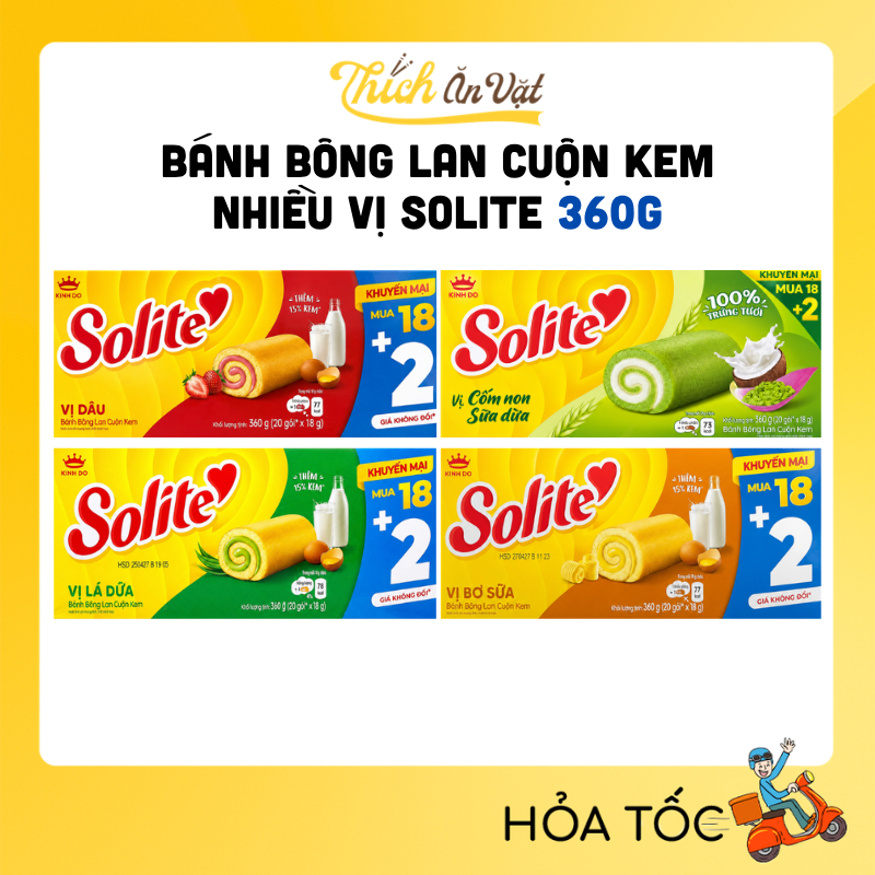 Bánh Solite Kinh Đô - Bánh Bông Lan Cuộn Kem Vị Dâu, Lá Dứa, Bơ Sữa, Cốm Non Solite 360g (18+2)
