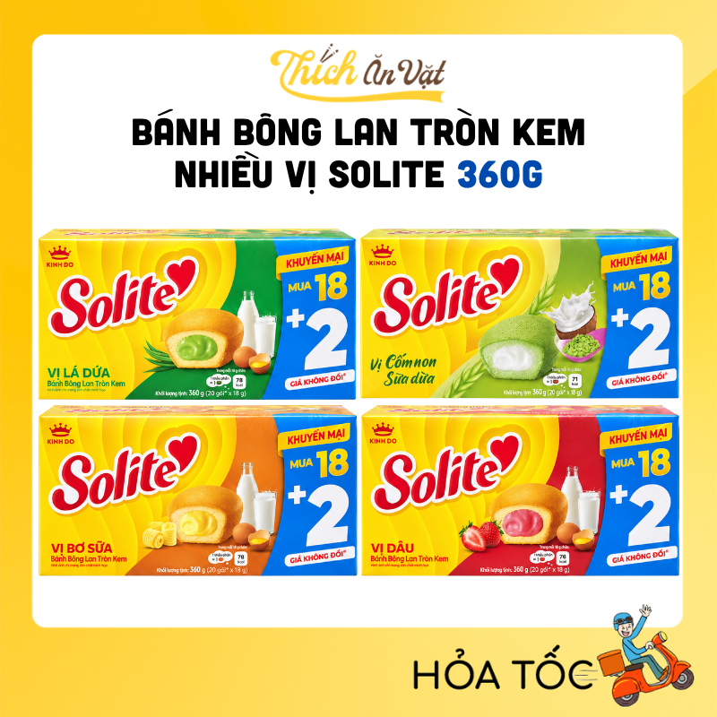 Bánh Solite Kinh Đô - Bánh Bông Lan Tròn Kem Vị Dâu, Lá Dứa, Bơ Sữa, Cốm Non Solite 360g (18+2)