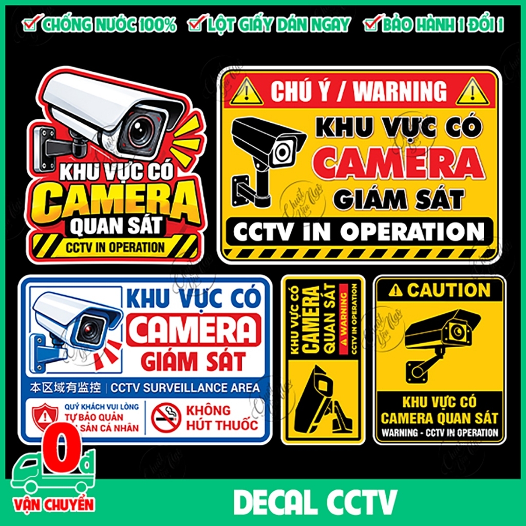Miếng dán CCTV in operation khu vực có camera quan sát đang hoạt động security decal cảnh báo an ninh