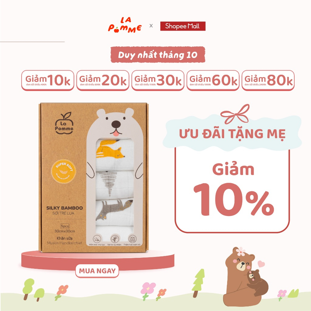 Khăn sữa La Pomme sợi tre lụa cho bé sơ sinh - Set 5 khăn 30x30cm – siêu mềm mịn, thấm hút tốt, không bụi vải, an toàn