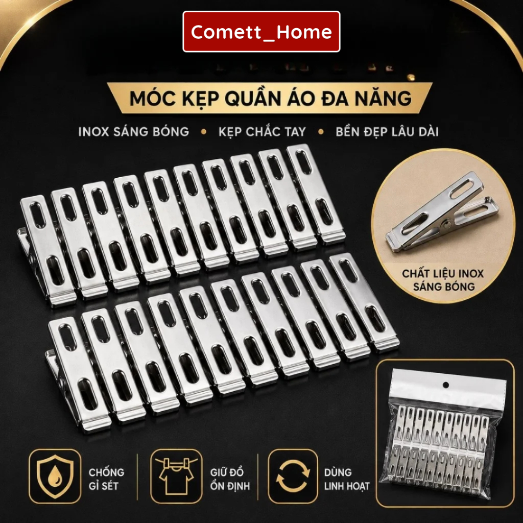 Set 20 Móc Kẹp Quần Áo - Móc Kẹp Đồ Đa Năng Chất Liệu Inox Không Gỉ Móc Kẹp…