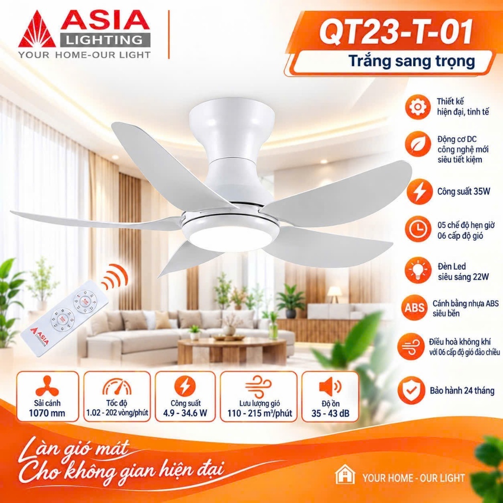 Quạt Trần Đèn Trang Trí ASIA LIGHTING QT23 - Động Cơ DC, Có Điều Khiển Từ Xa