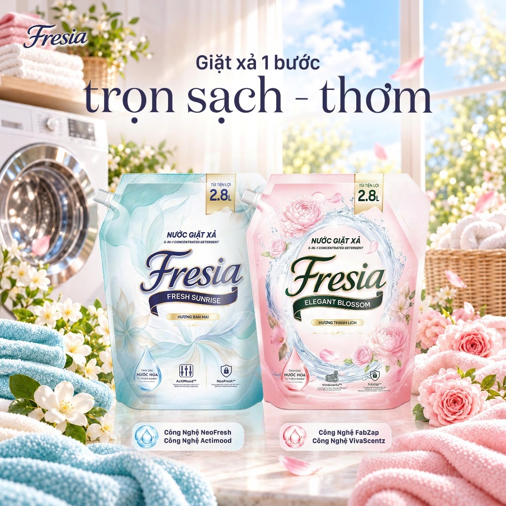 Nước Giặt Xả Thơm Lâu 2in1 Fresia - Booster Đậm Đặc hương hoa , Lưu Hương 72h, Dịu Nhẹ Cho Làn Da