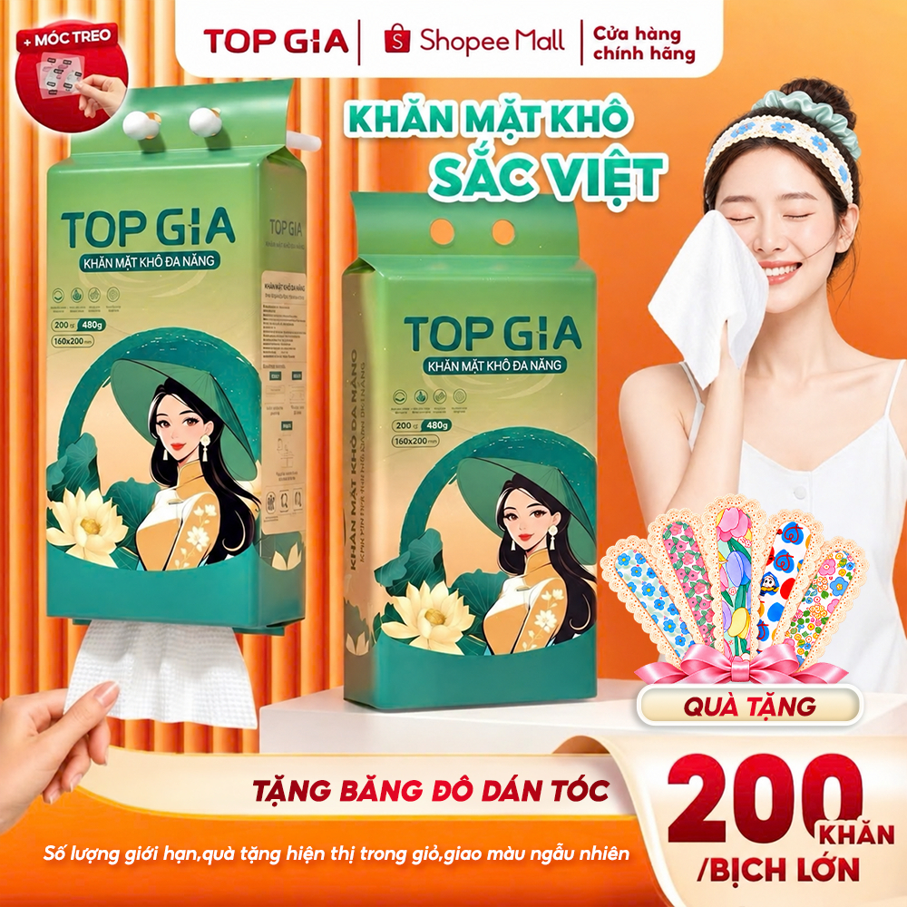 Khăn mặt khô đa năng TopGia Sắc Việt 200 tờ rút, mềm mịn, thấm hút, an toàn, tặng móc treo tường