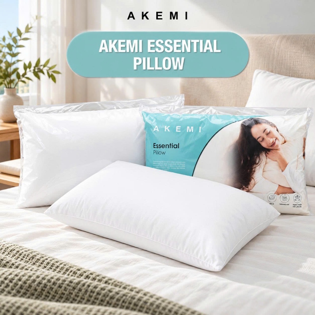 Ruột Gối Nằm AKEMI Essential Gối Sợi Microfiber Mềm Mại, Hỗ Trợ Tốt, Kháng Khuẩn Dễ Vệ Sinh Size 48x