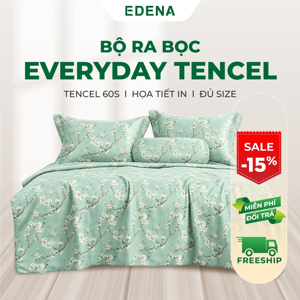 Bộ Chăn Ga Gối EDENA Everyday Tencel Tencel 60S Hoạ Tiết In, Bộ Ra 5 Món Mềm Mại Sang Trọng