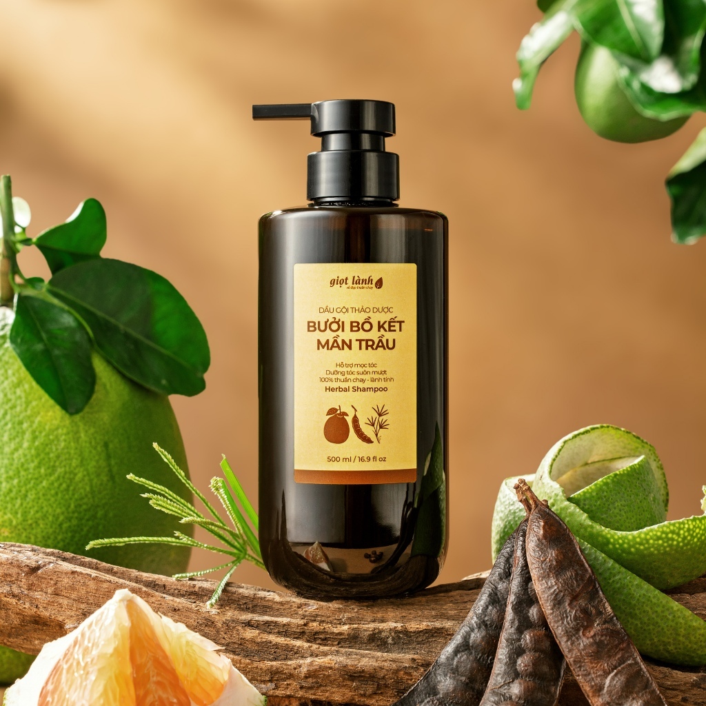 Dầu gội Bồ kết Bưởi - Mần trầu, dầu gội thảo dược thuần chay hỗ trợ mọc tóc Giọt Lành 500ml