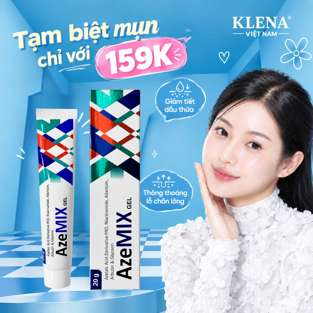 Azemix Gel Azelaic Acid PAD & Niacinamide 20g, Hỗ Trợ Giảm Mụn Ẩn, Mụn Đầu Đen, Mờ Thâm, Dưỡng Sáng Làm Đều Màu Da