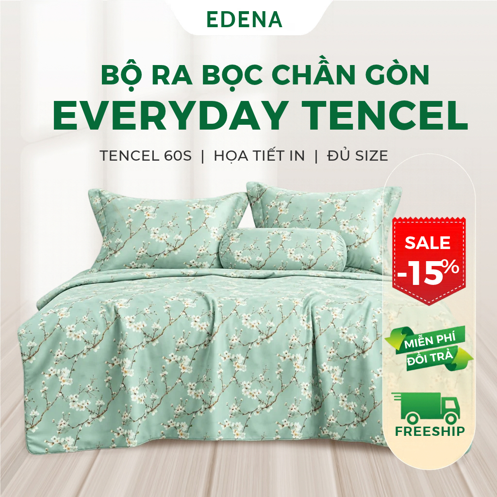 Bộ Chăn Ga Gối Chần Gòn EDENA Everyday Tencel Tencel 60S Hoạ Tiết In, Bộ Ra 5 Món Mềm Mại Sang Trọng