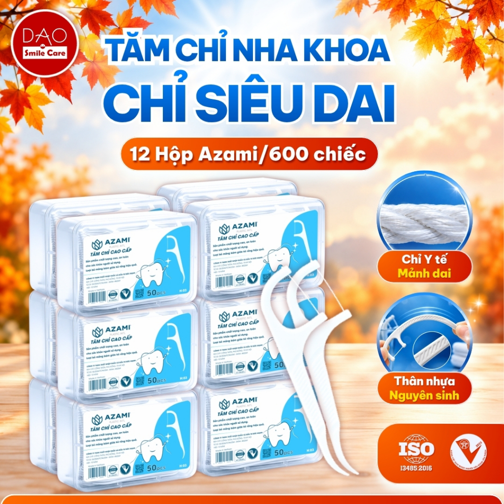 12 Hộp Tăm chỉ nha khoa AZAMI Chính Hãng - Sợi PTFE Tiệt Trùng, Nhựa HIPS Dẻo Dai