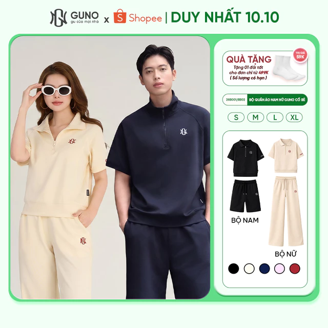 [BST Modal Cool 2026] Bộ Quần Áo Nam Nữ GUNO Cao Cấp Cổ Bẻ Kèm Quần Suông Logo Thêu 26BG01/26BB02