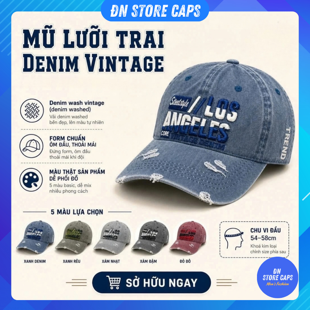 Nón kết Unisex vintage chất jean phối rách thời trang cao cấp, thêu chữ nổi - D352