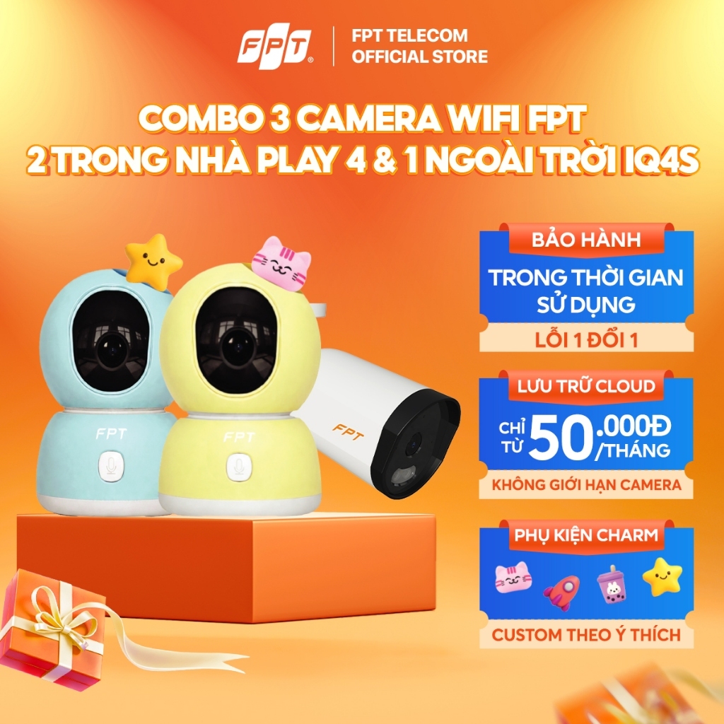 [Chỉ giao hàng]Combo 3 Camera Wifi FPT Trong Nhà Play 4 & Ngoài Trời IQ4S, Camera Cloud Bảo Mật, Cản