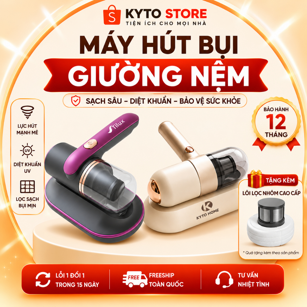 Máy Hút Bụi Giường Nệm Cầm Tay KYTO - Không Dây, Có Đèn UV, Hút Nệm Giường/Sofa/Quần Áo - Sạc TypeC