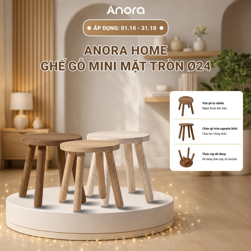 ANORA HOME Ghế Gỗ Mini Mặt Tròn Ø24 - Decor Nhà Đẹp Phong Cách Hàn Quốc