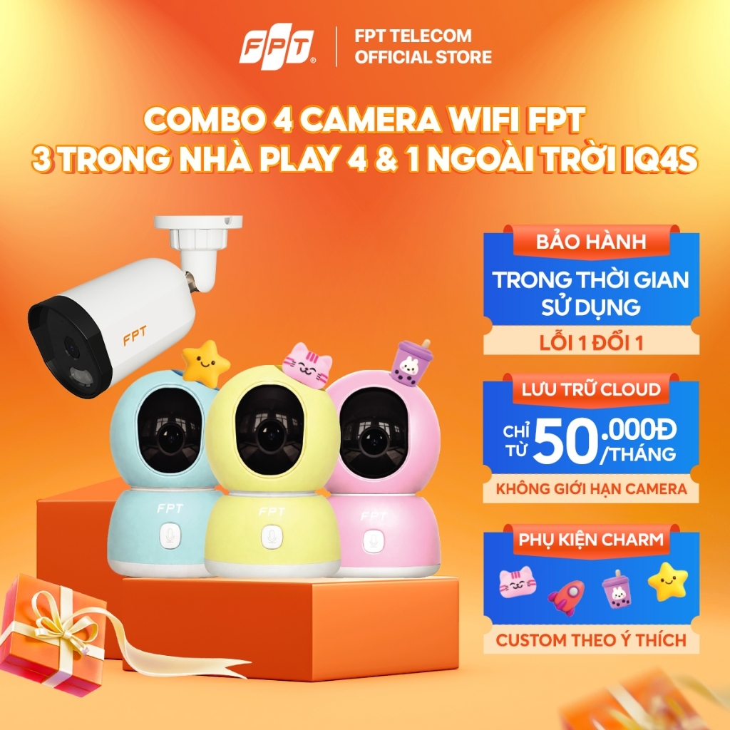 [Chỉ giao hàng] Combo 4 Camera FPT Trong Nhà Play 4 và Camera Ngoài Trời IQ4S, Camera Cloud Bảo Mật,