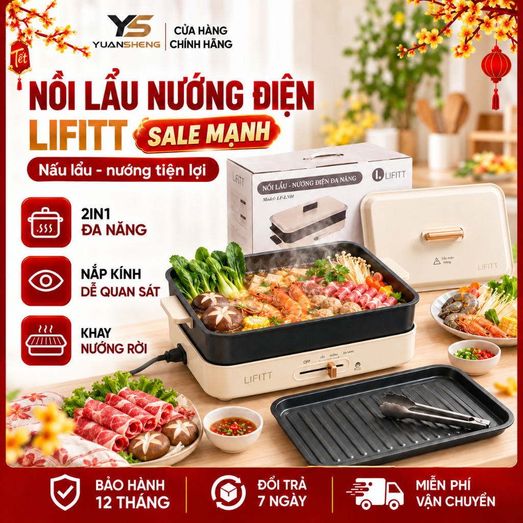 Bếp Lẩu Nướng Đa Năng LIFFIT, Nồi Lẩu Nướng 2 Tầng, Khay Rời Chống…