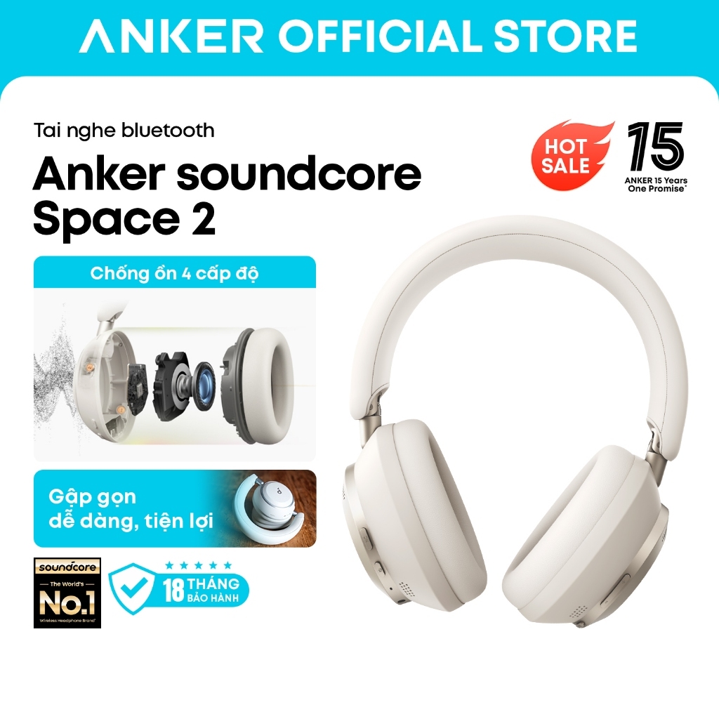 Anker soundcore Tai nghe Bluetooth Space 2 chống ồn vượt trội, đeo êm thoải mái, có chế độ thư giãn, pin