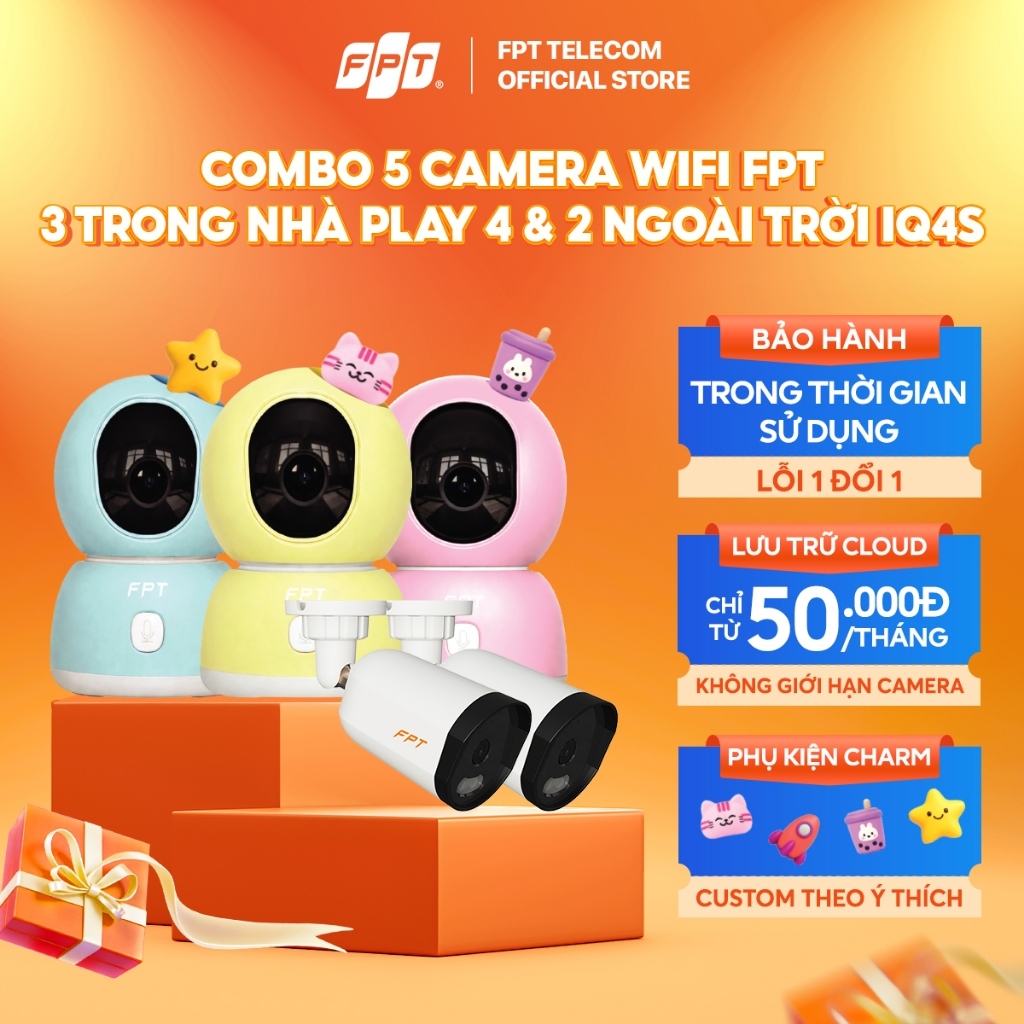 [Chỉ giao hàng] Combo 5 Camera FPT Trong Nhà Play 4 & Camera Ngoài Trời IQ4S, Camera Cloud Bảo Mật, 