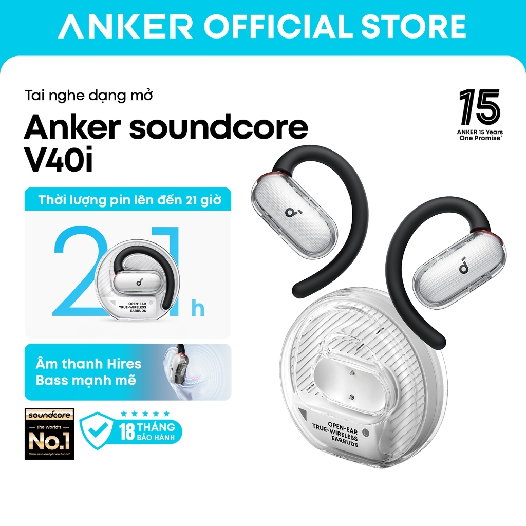 Anker soundcore V40i, Open-Ear Headphones, Clear Design, Lidless Case, 4 Adjustable Positions for Every Ear Size, Ric