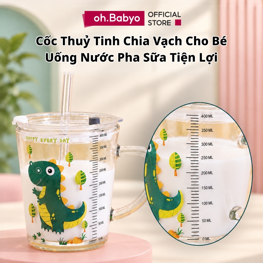 Cốc Thuỷ Tinh Pha Sữa Có Chia Vạch Ống Hút Nắp Đậy Chống Tràn Cho Bé ohBabyo Bình Tập Uống Trẻ Em