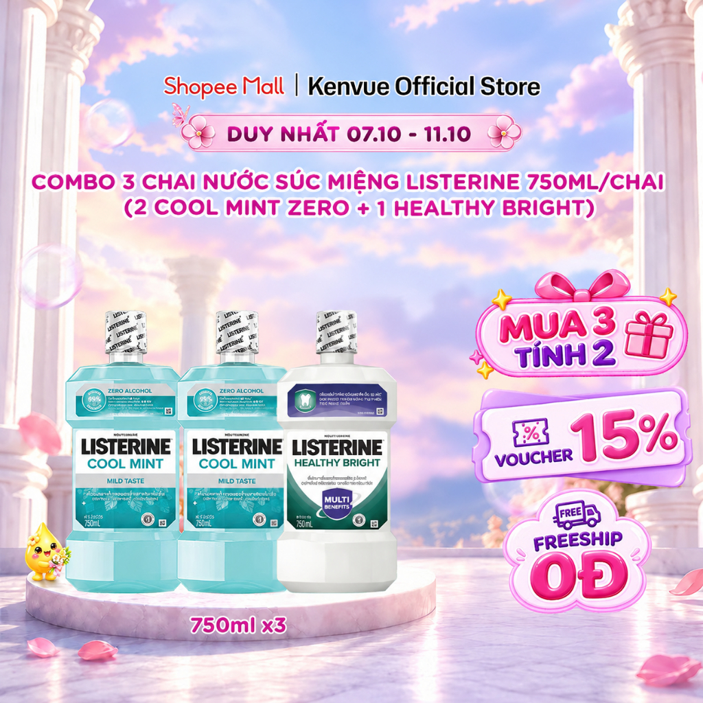 Combo 3 Chai Nước Súc Miệng Listerine 750ml/chai (2 Cool Mint Zero + 1 Healthy…