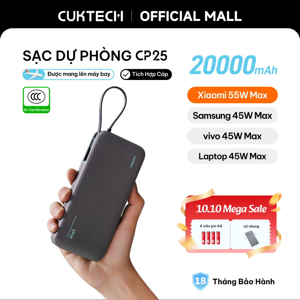 【Được chứng nhận CCC】CUKTECH Sạc Nhanh 55W 20000mAh – Tích Hợp Dây, Hỗ Trợ Xiaomi 55W Samsung 45W Laptop 45W iP 18/17/16