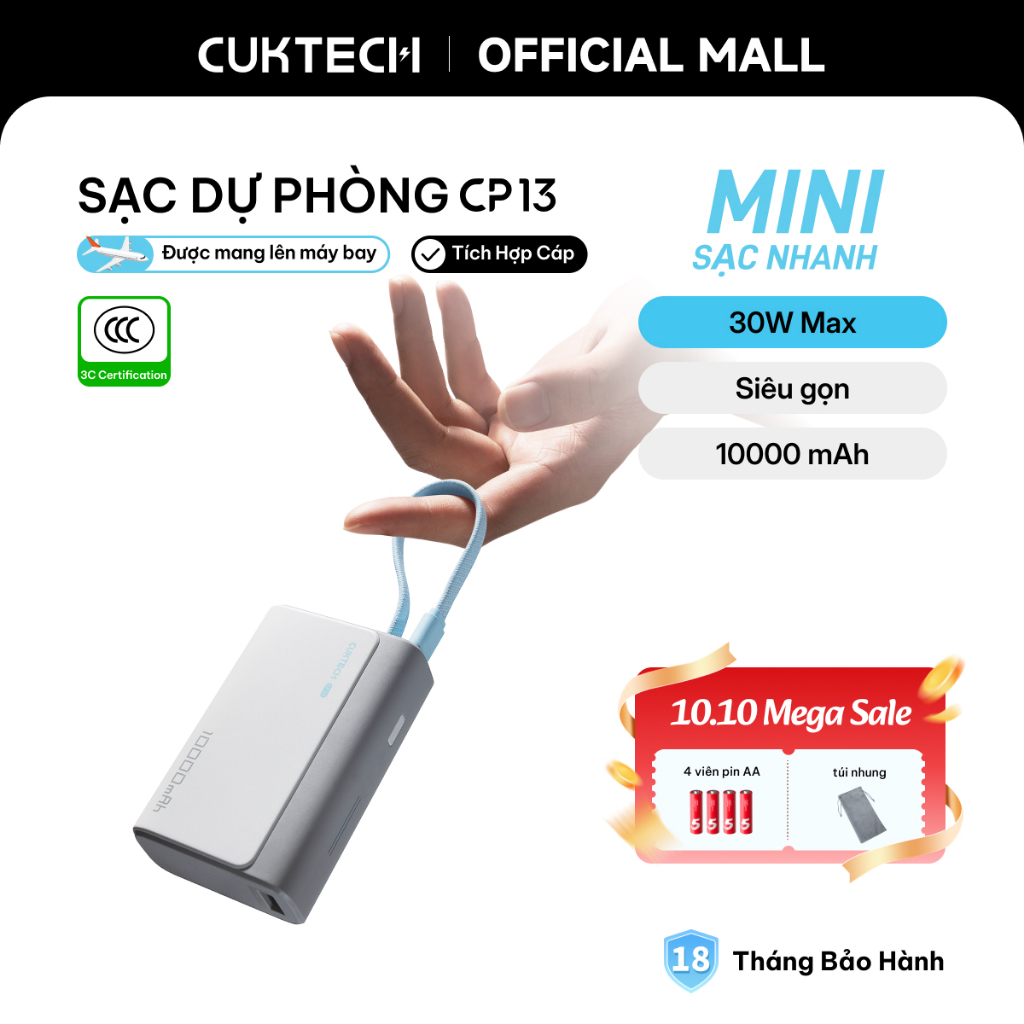 【Được chứng nhận CCC】CUKTECH Pin Dự Phòng Mini 10000mAh Sạc Nhanh 30W – Tích Hợp Dây Hỗ Trợ iP 18/17/16 (CP13 Power Bank