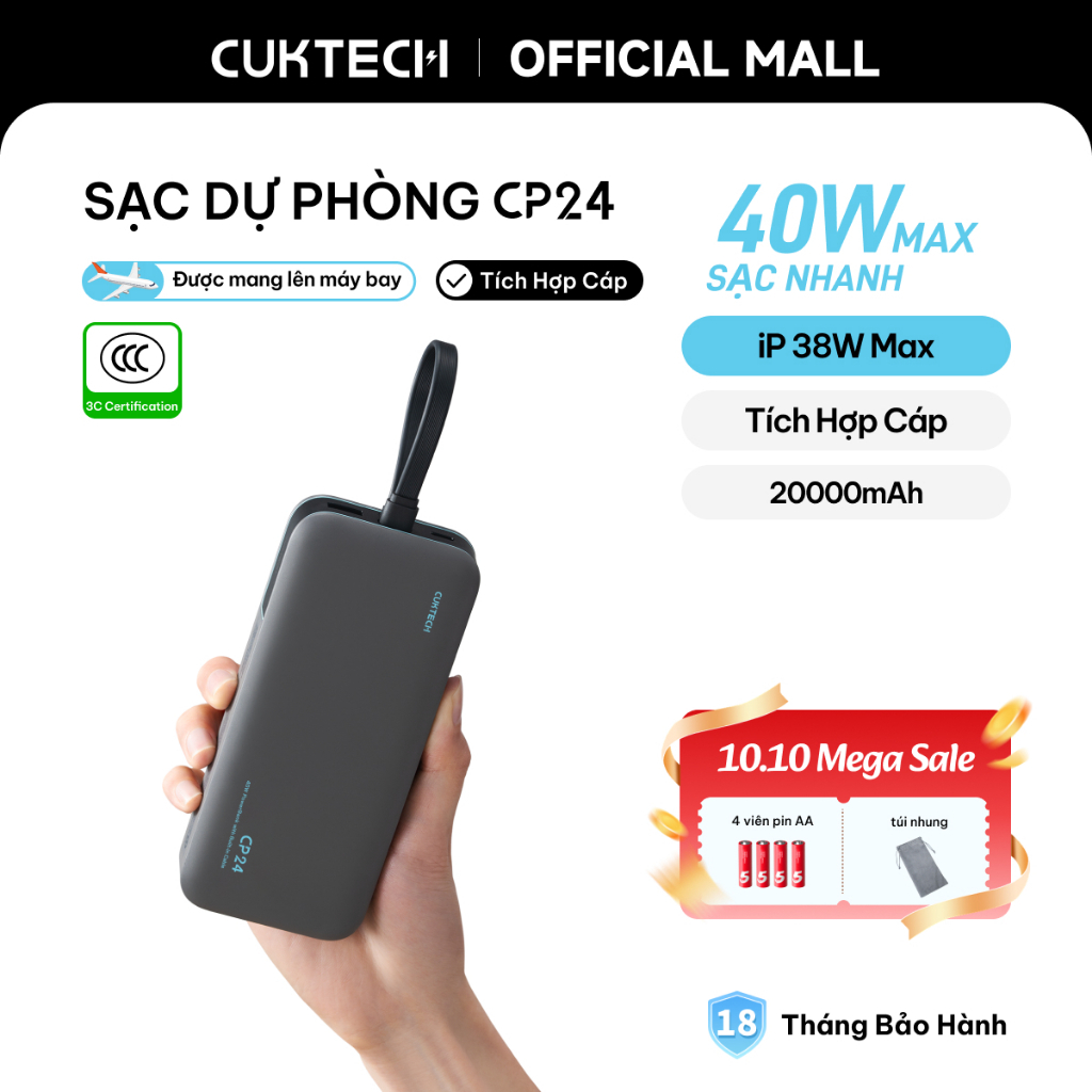 【Được chứng nhận CCC】CUKTECH Pin Dự Phòng 20000mAh Sạc Nhanh 40W – Tích Hợp Dây, Hỗ Trợ iP 38W / Xiaomi 33W —— CP24 Powe