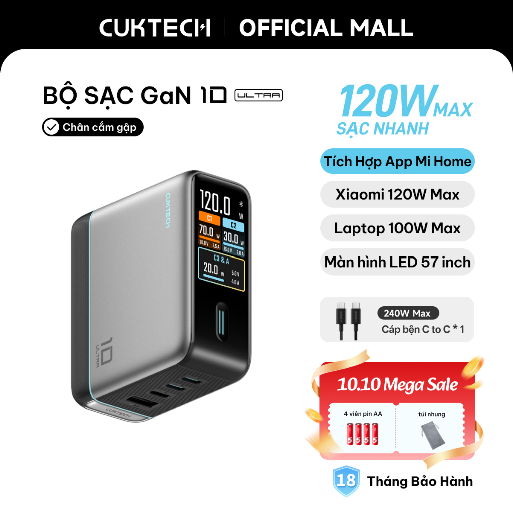 Củ Sạc Nhanh CUKTECH GaN 120W 4 Cổng Điều Khiển App Mi Home Cho Laptop/MacBook/iP 18/17/16 Pro Max/Xiaomi 17/Samsung S26