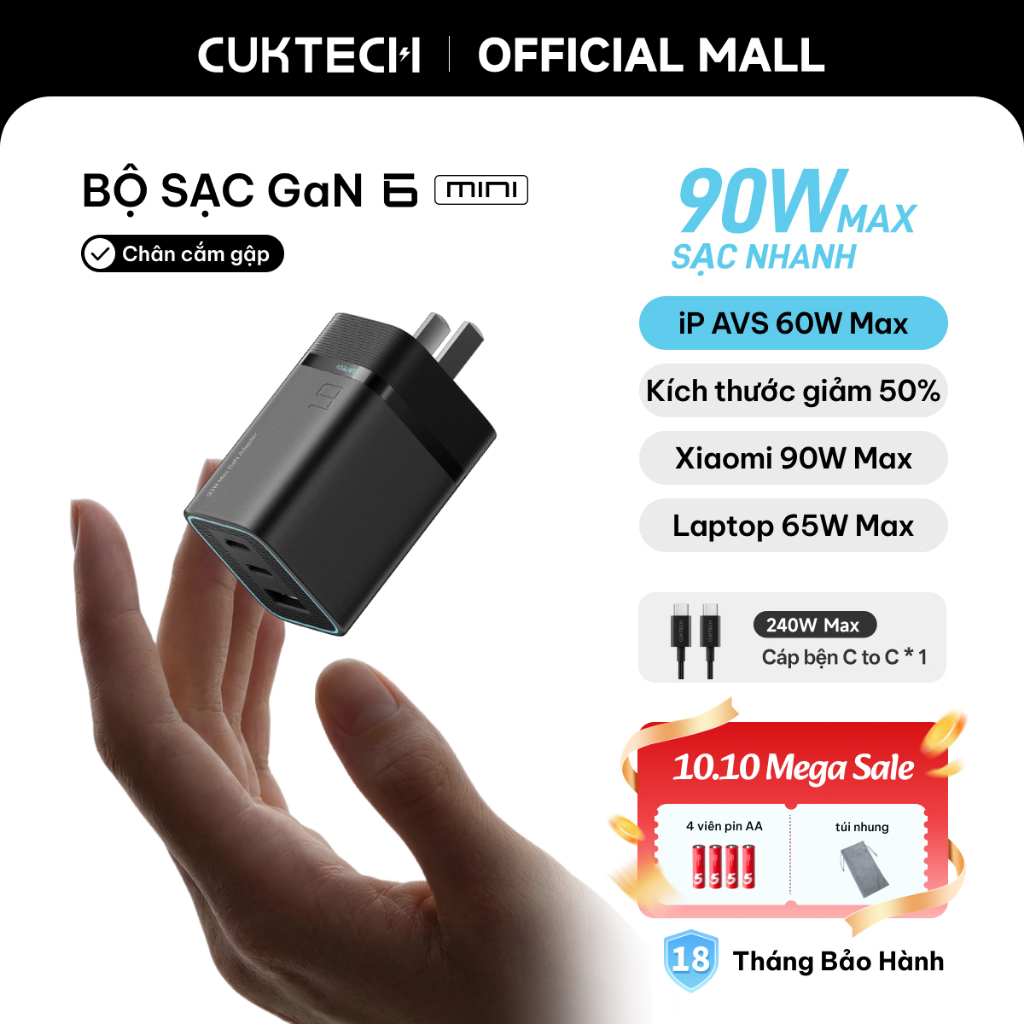 Củ Sạc Nhanh CUKTECH GaN 90W 3 Cổng Siêu Nhỏ Gọn Sạc Laptop 65W Cho iP 18/17/16/Xiaomi 17/Samsung S26/Oppo/Vivo