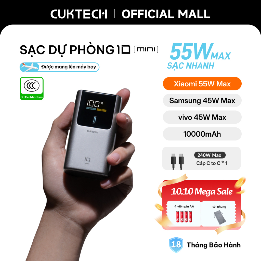【Được chứng nhận CCC】CUKTECH Mini 55W Sạc Nhanh 10000mAh Pin Sạc Dự Phòng Xiaomi 55W Max Samsung 45W iP18/17/16