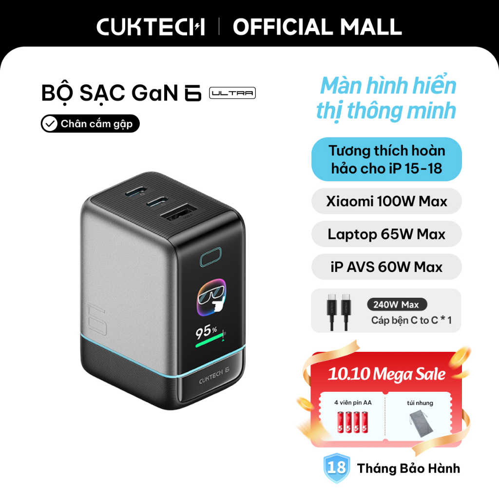 Củ Sạc Nhanh CUKTECH GaN 100W Màn Hình Hiển Thị 3 Cổng Type-C Sạc Laptop 65W Tương Thích iP18/17/16/MacBook/Xiaomi