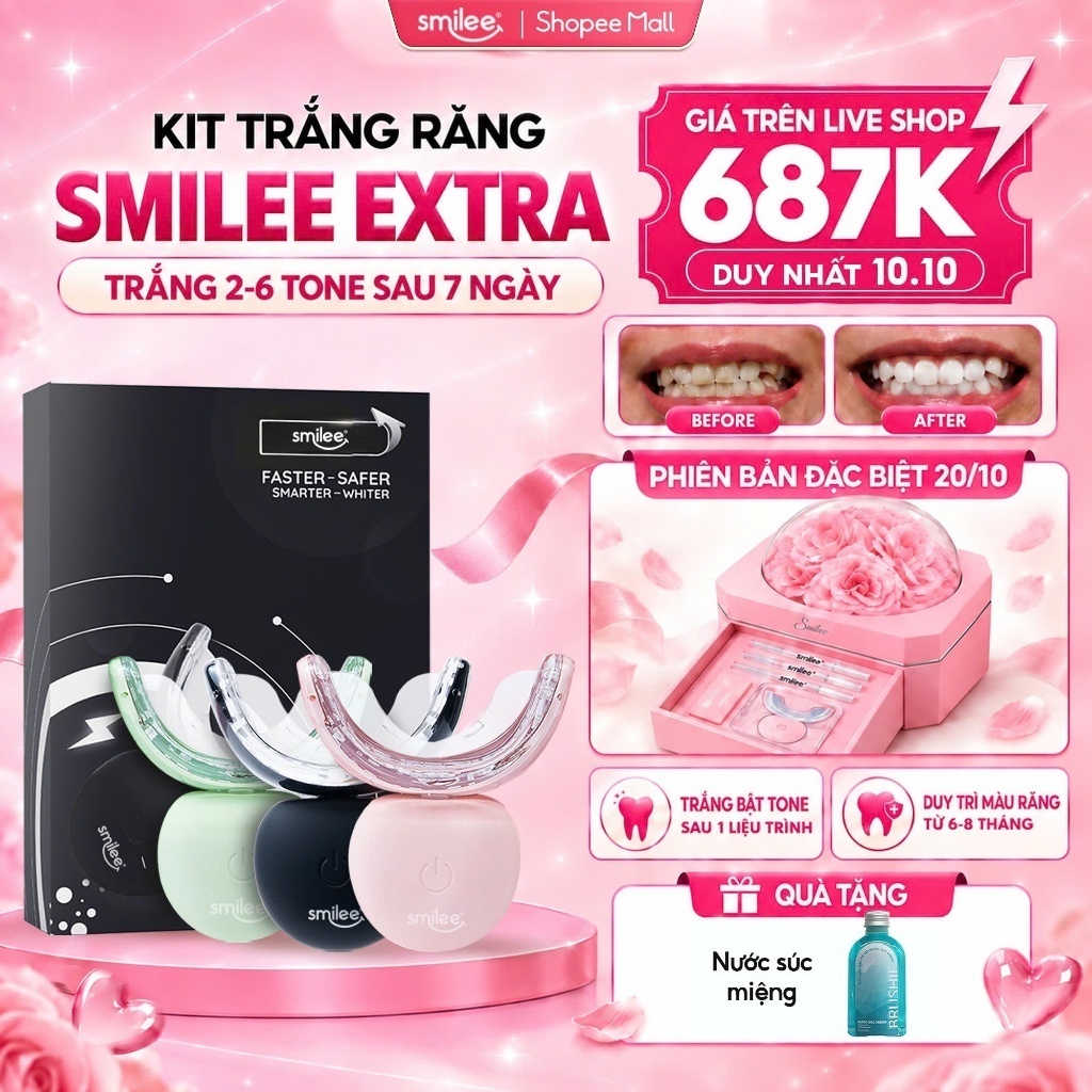 [GIÁ 631K TẠI LIVE SHOP] Trắng răng SMILEE EXTRA, bộ kit làm trắng răng từ 2-6 tone , bộ quà tặng 20/10 cho nữ, LIS