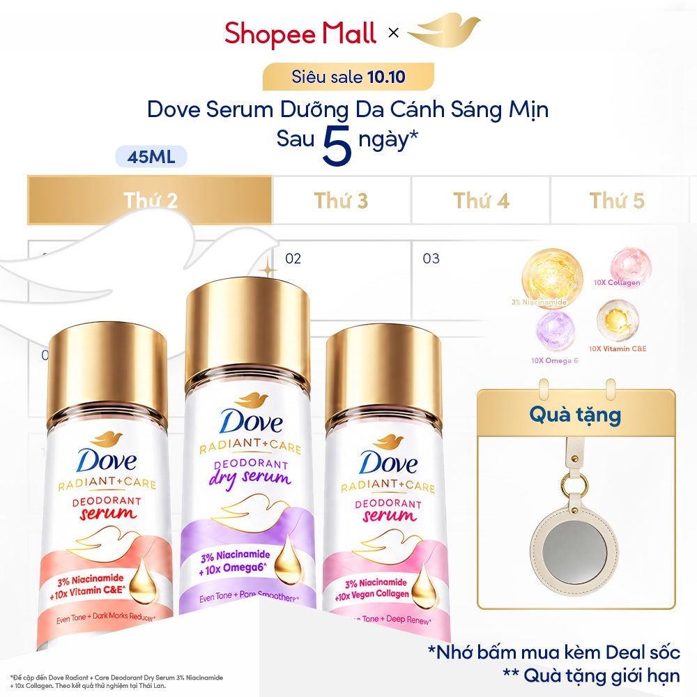 Dove Lăn Khử Mùi Nữ Serum Dưỡng Da Sáng Mịn 3% Niacinamide l Mờ Thâm l Sáng Thơm 45ml
