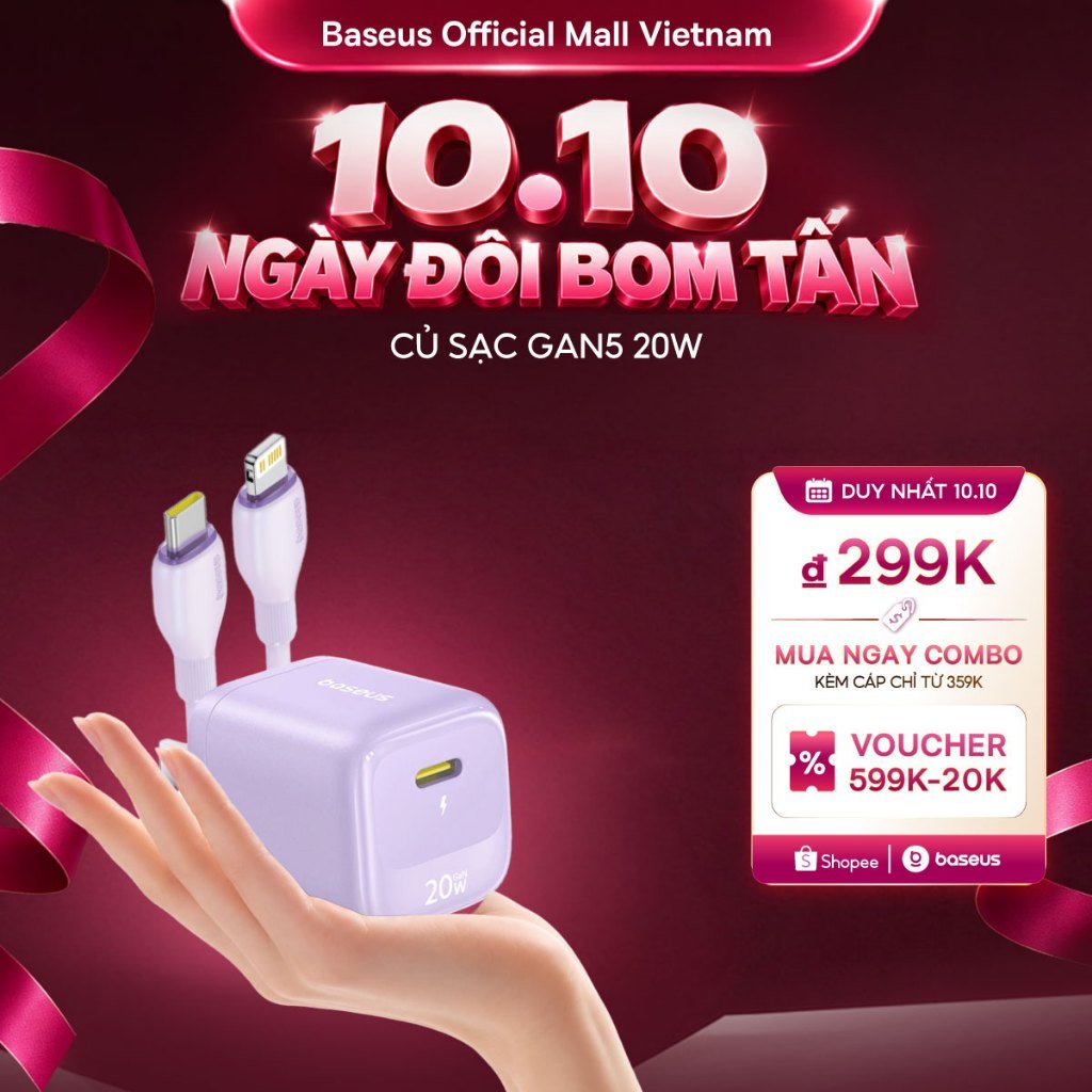 Baseus Củ Sạc Bộ Cáp Nhanh PD 20W GaN 5 Sạc điện cho Không Nóng Máy An Toàn Ổn Định