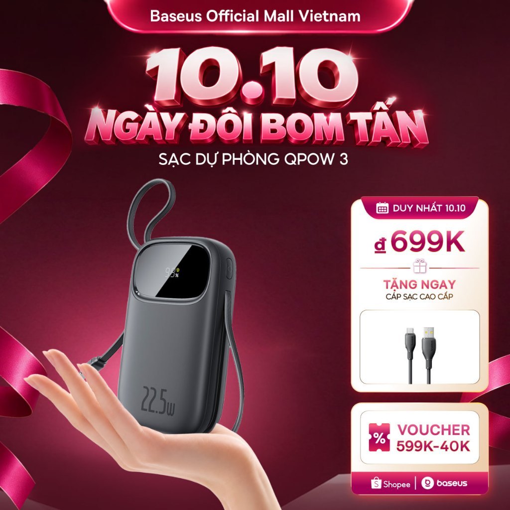 [CCC-MỚI VỀ] Sạc dự phòng Baseus Qpow3 20000mAh/10000mAh PD22.5W Màn Số LED Cáp Kép Sạc Nhanh 2 Thiết Bị