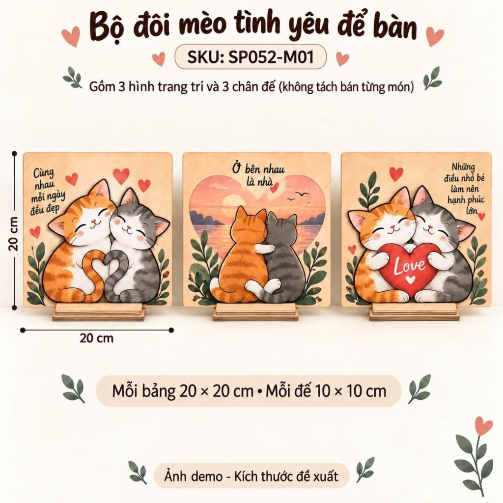 Bộ 3 mô hình đôi mèo tình yêu bằng gỗ để bàn — ảnh listing minh họa