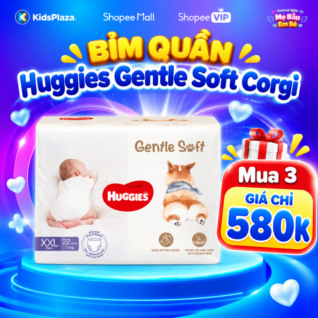 Bỉm - Tã quần Huggies Gentle Soft Corgi M54/ L40/ XL34/ XXL22 - Chính hãng