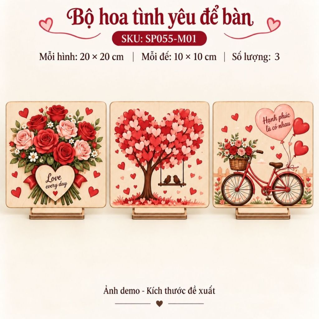 Bộ 3 Mô Hình Gỗ Để Bàn Quà Valentine Kèm Chân Đế — ảnh listing minh họa