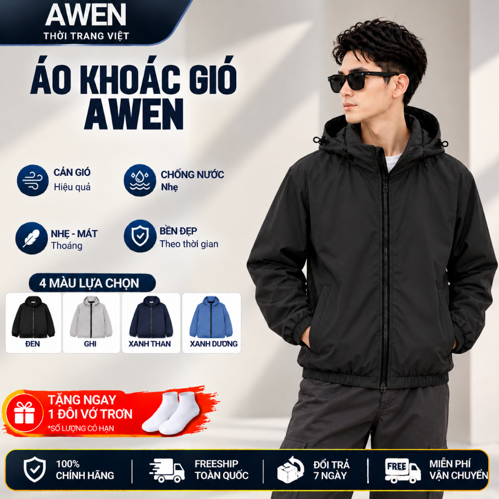 Áo Khoác Gió Nam Nữ AWEN, Áo Khoác 2 Lớp Giữ Nhiệt Tốt, Chống Thấm, Cản Bụi, Cản Gió, Mũ Tháo Rời Kèm Túi Đựng