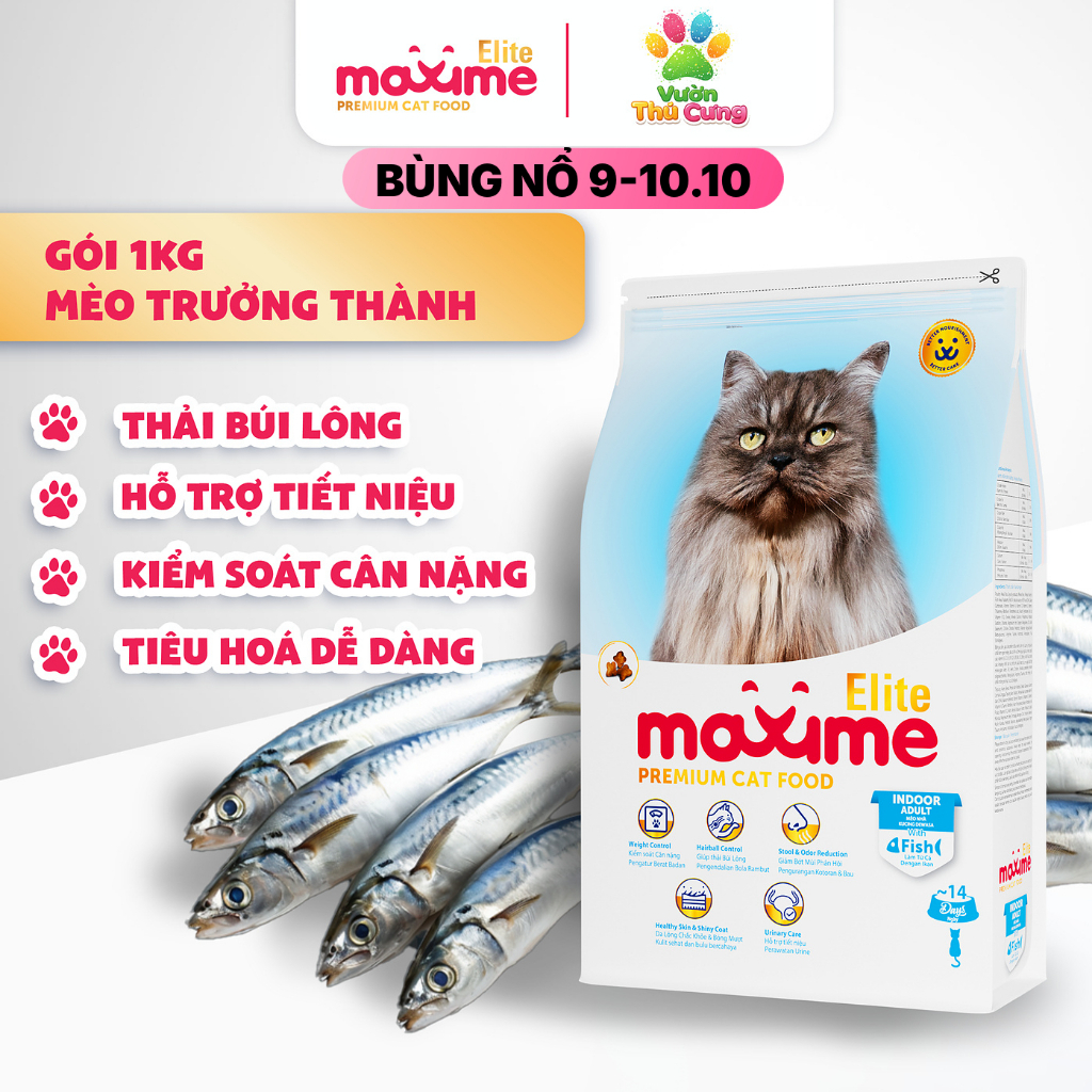 Hạt thức ăn Maxime cho Mèo Nhà gói 1kg - Maxime Elite Indoor Fish - Kiểm Soát Cân Nặng, Hỗ Trợ Thải 