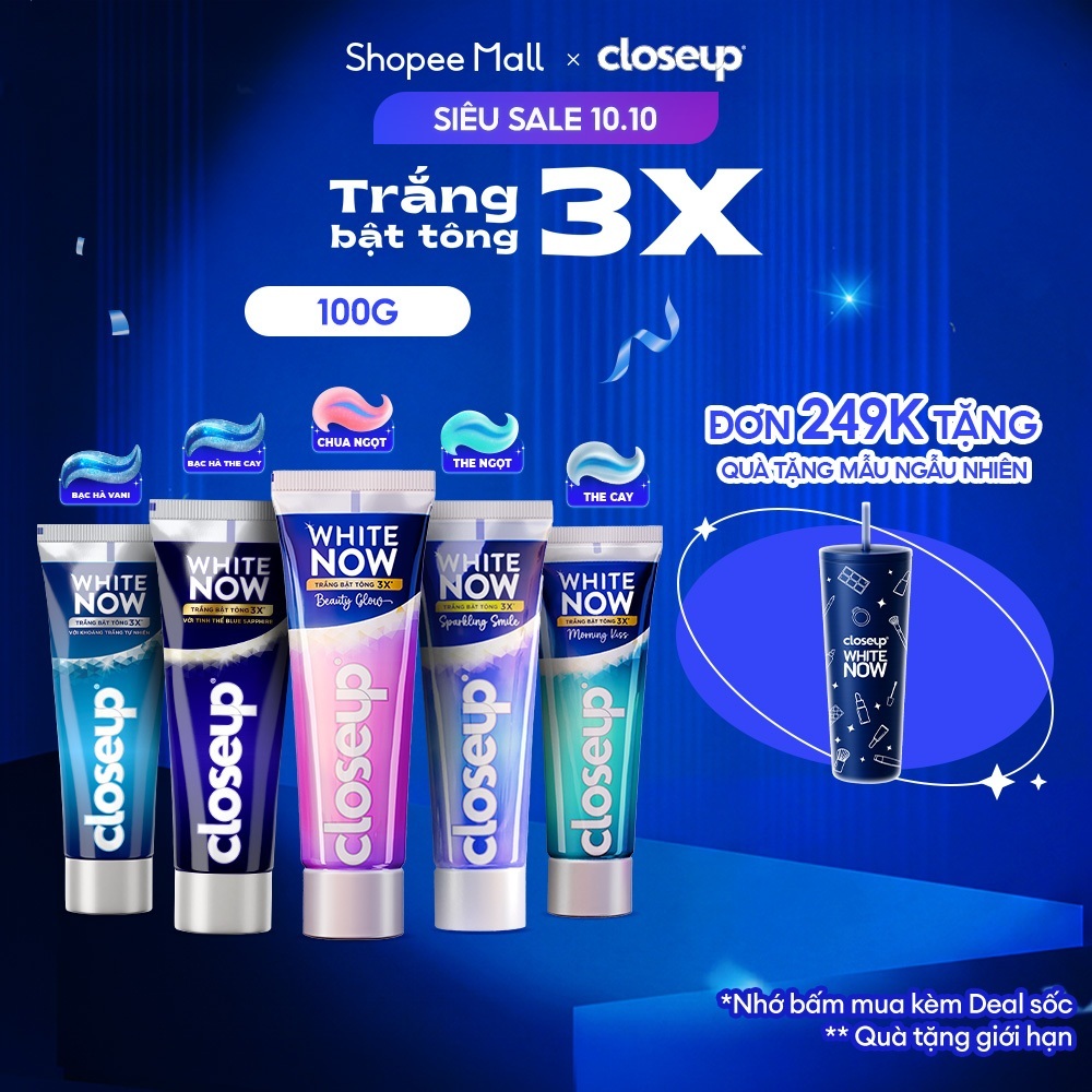 Kem đánh răng Closeup White Now - Trắng Bật Tông 3X TỨC THÌ với Công nghệ Ánh Sáng Xanh 100g