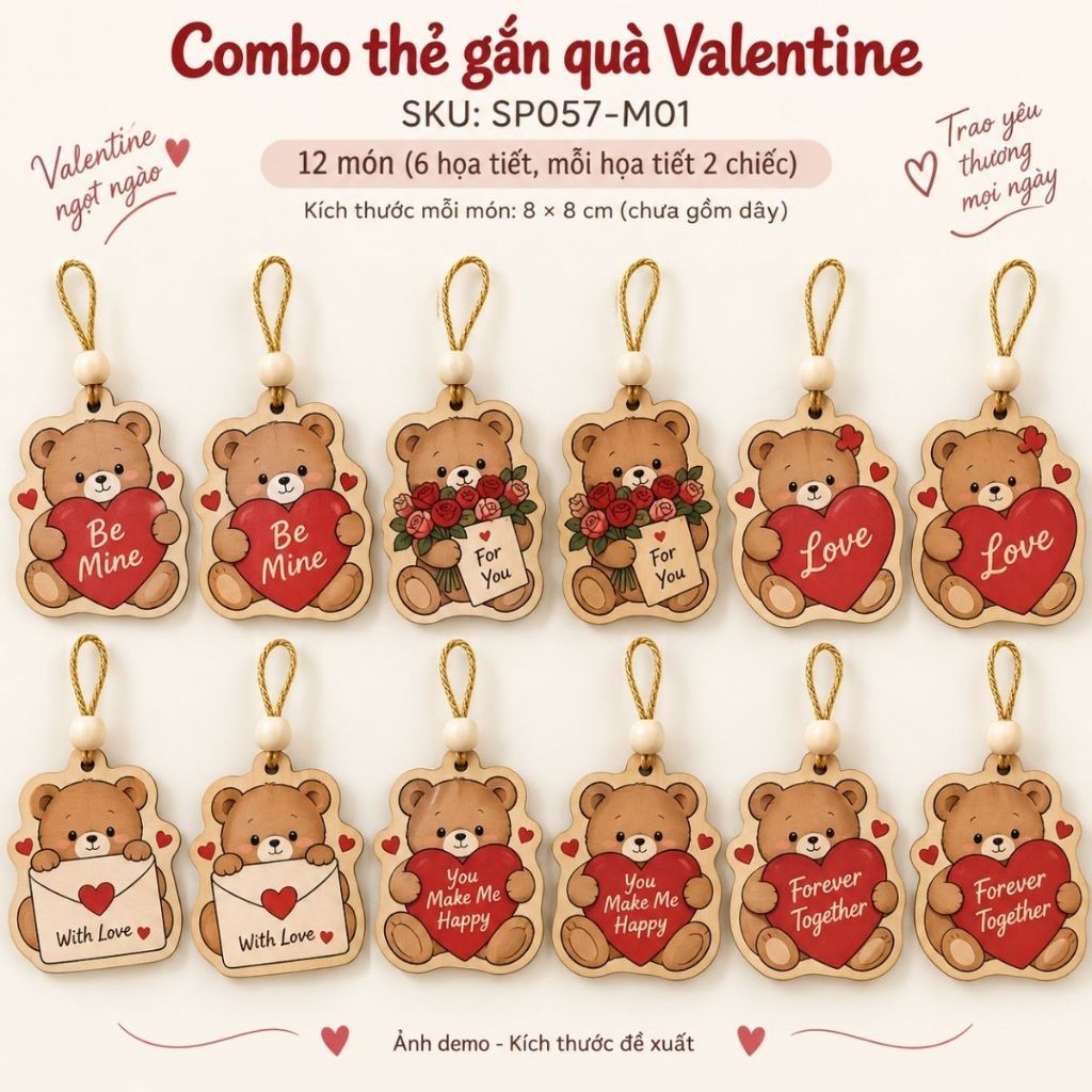 Bộ 12 thẻ gỗ gắn quà Valentine — ảnh listing minh họa