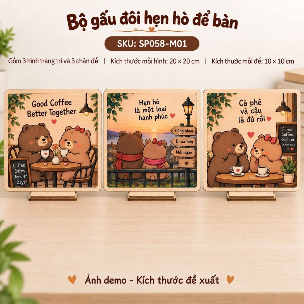Bộ 3 mô hình gấu đôi bằng gỗ để bàn — ảnh listing minh họa